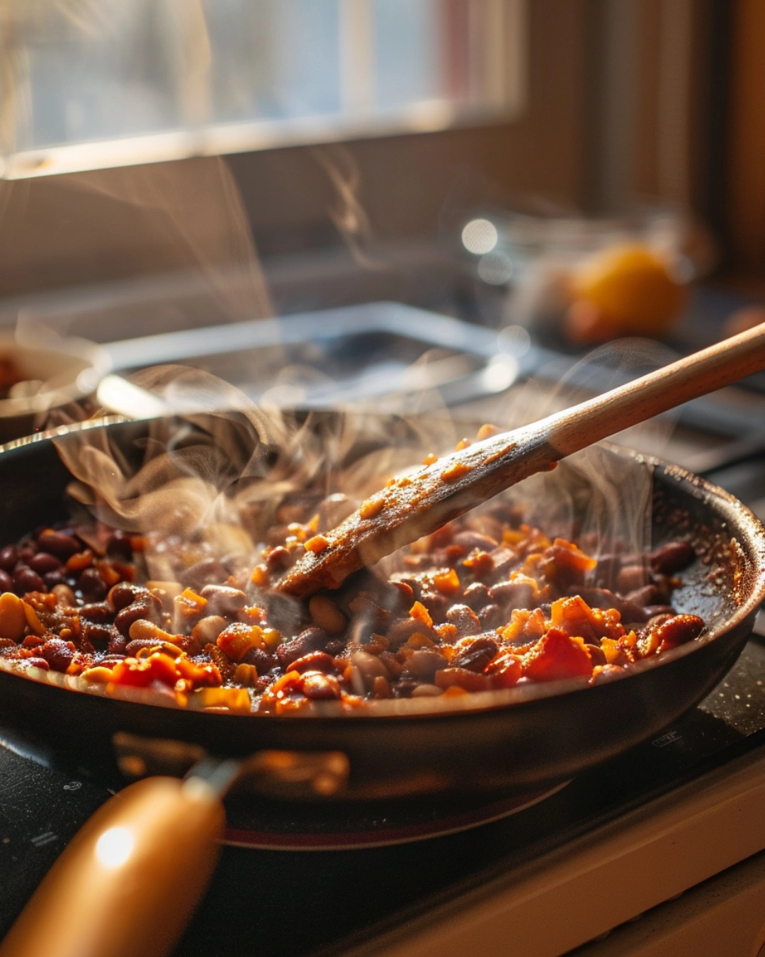 Bean chili simmering in a pan for Vegan Bean Chili Fries