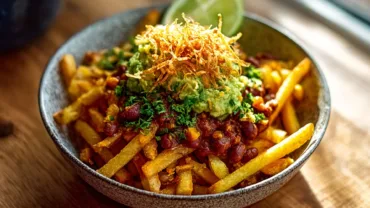 egan Bean Chili Fries in a cozy modern kitchen