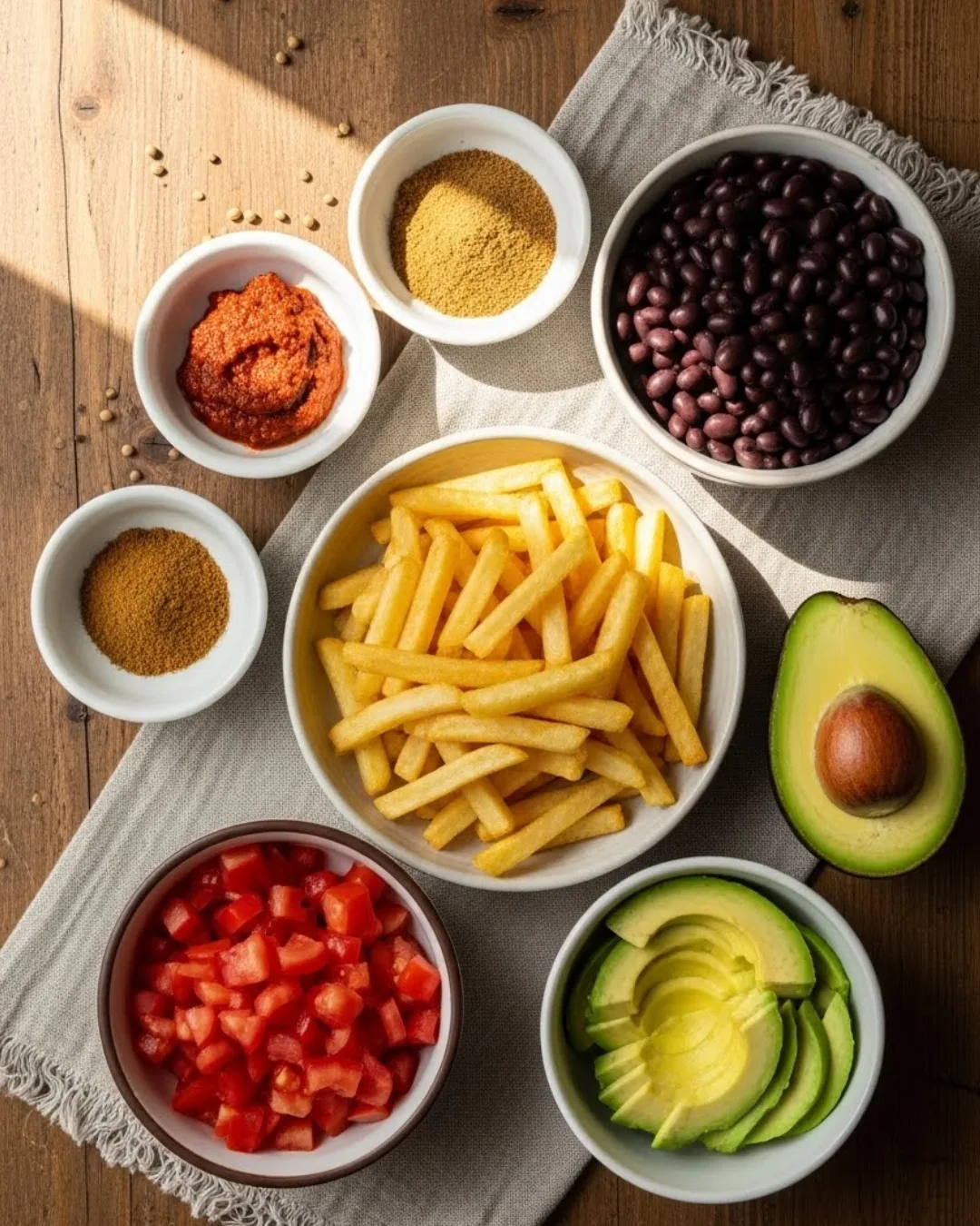 Flat lay of Vegan Bean Chili Fries ingredients in warm natural light