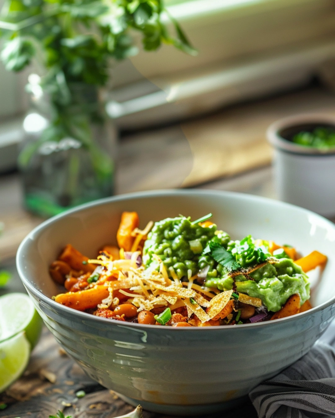 owl of Vegan Bean Chili Fries served with guacamole and crispy onions