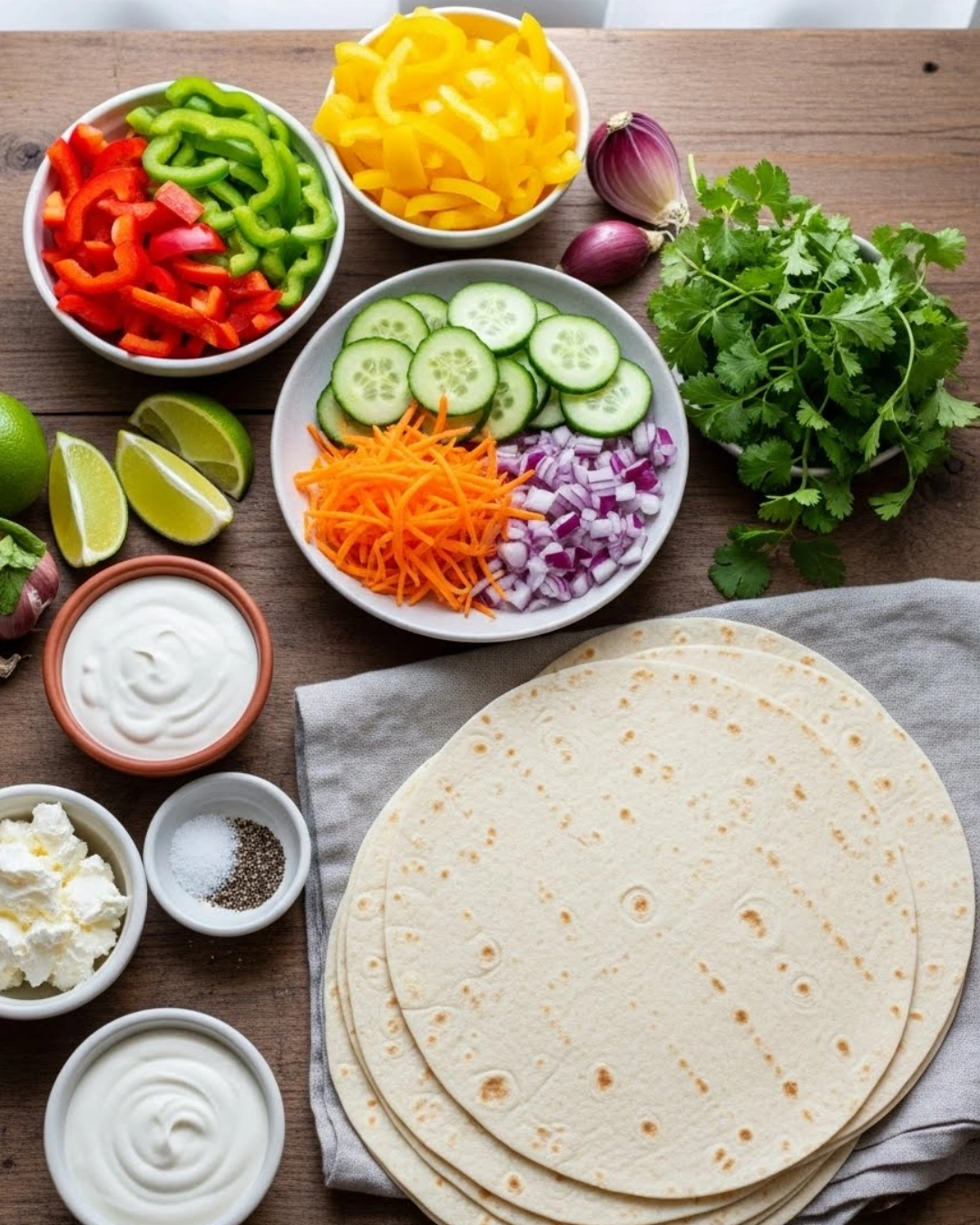 Fresh ingredients for vegetable tortilla roll ups including bell peppers, carrots, cucumber, and cream cheese