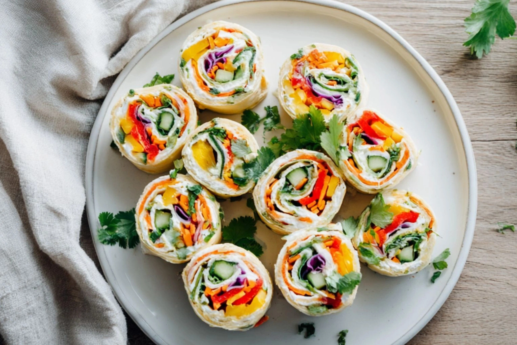Vegetable tortilla roll ups on a white ceramic plate with colorful vegetables and cream cheese