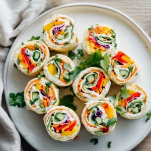 Vegetable tortilla roll ups on a white ceramic plate with colorful vegetables and cream cheese