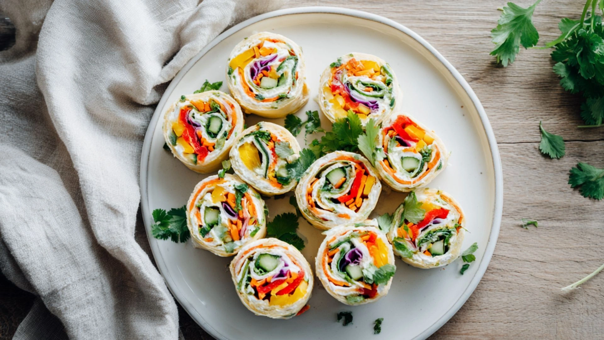 Vegetable Tortilla Roll Ups: 5 Irresistible & Flavorful No-Cook Ideas 2 Vegetable tortilla roll ups on a white ceramic plate with colorful vegetables and cream cheese