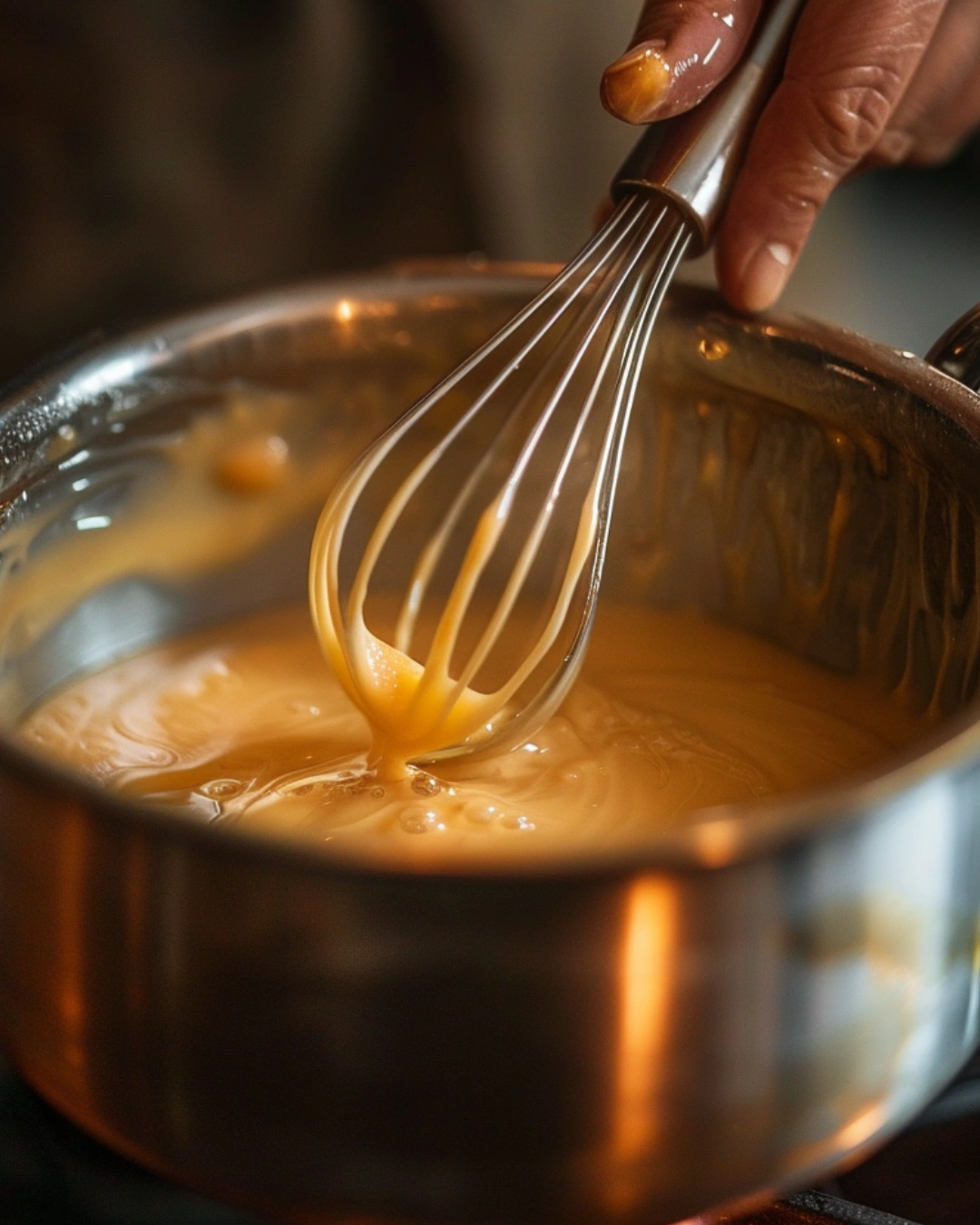 Whisking butterscotch pudding in saucepan