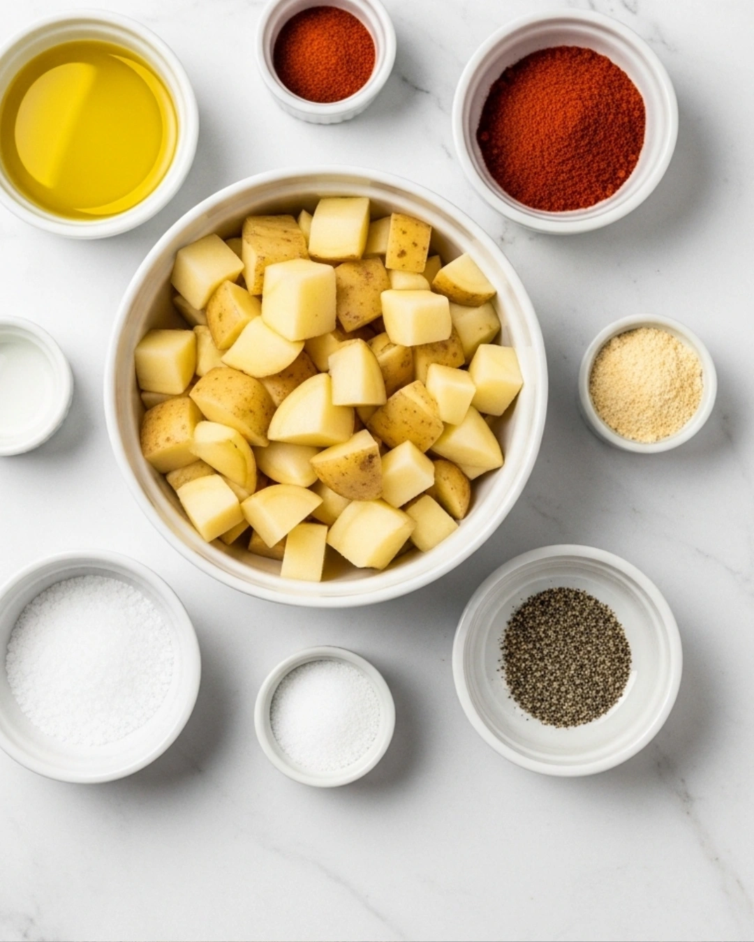 Ingredients for air fryer breakfast potatoes laid on marble