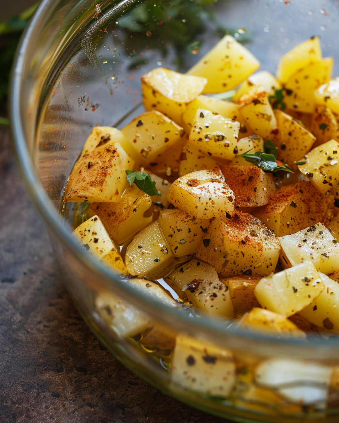 Seasoned potatoes in bowl ready for air frying