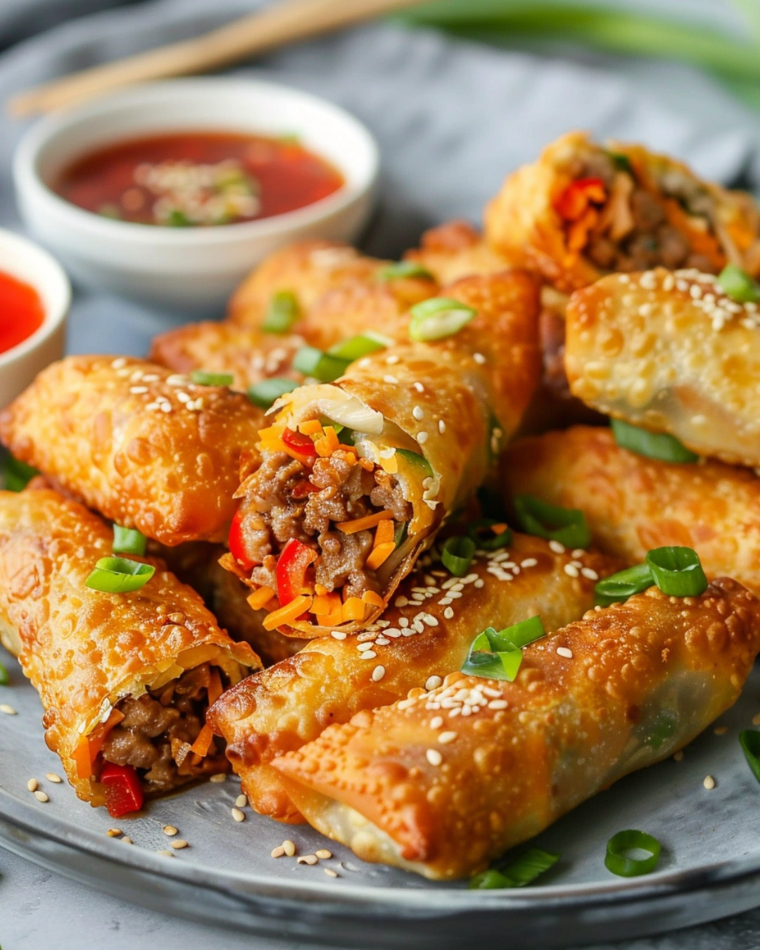 Serving platter of ground beef Air Fryer Egg Rolls