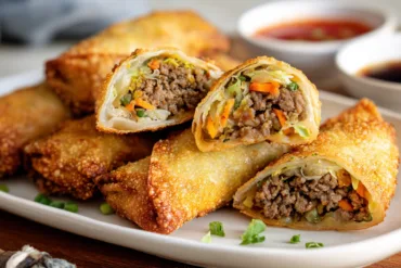 Crispy ground beef Air Fryer Egg Rolls sliced open on plate
