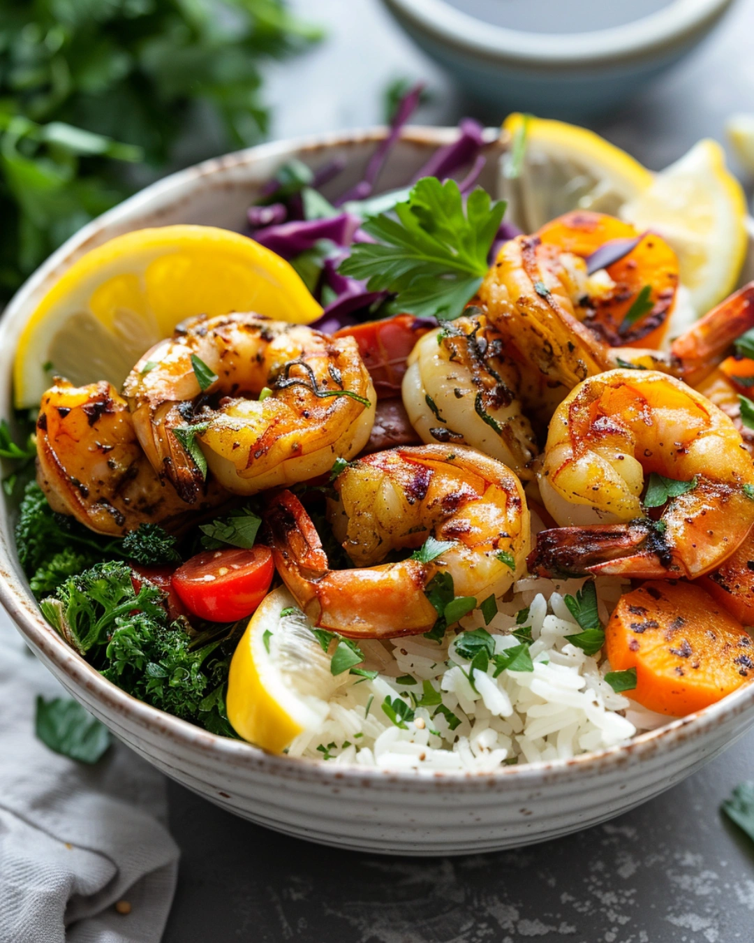 Air Fryer Shrimp served over rice bowl with vegetables