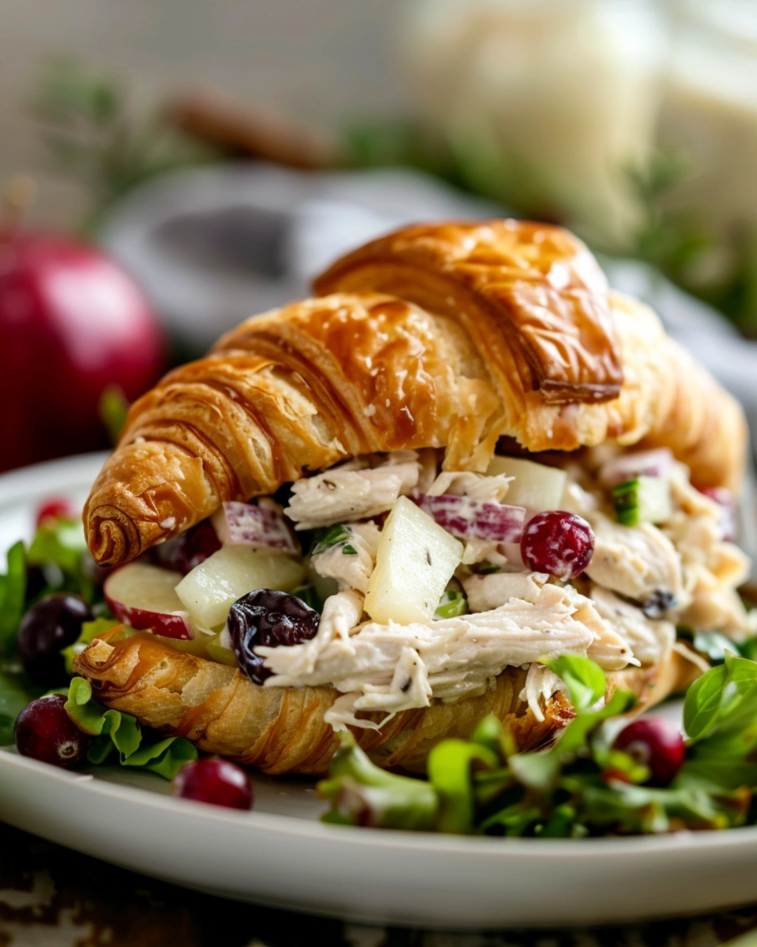 Creamy Apple Cranberry Chicken Salad sandwich on croissant with fresh greens.
