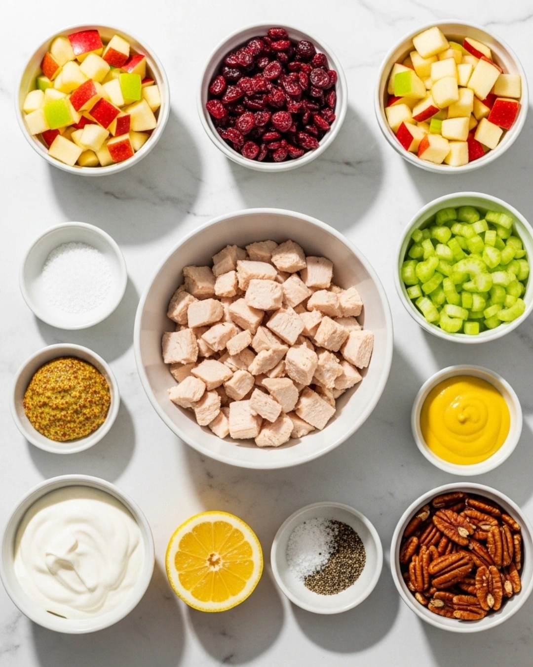 Ingredients for Apple Cranberry Chicken Salad laid out on counter