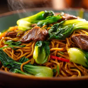 Beef and bok choy chow mein in a bowl