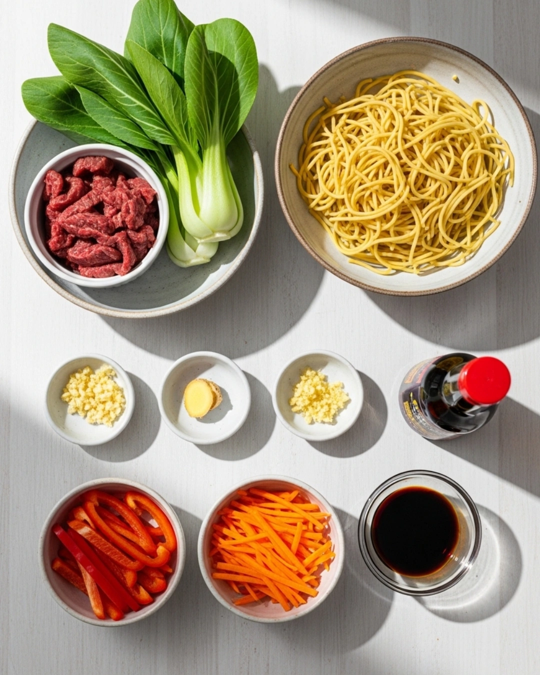 Ingredients for beef and bok choy chow mein