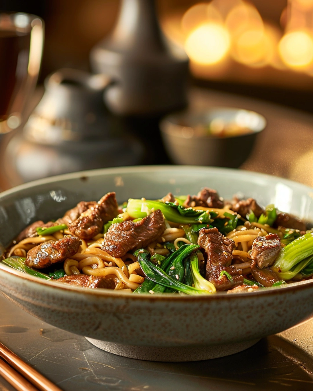 Served beef and bok choy chow mein