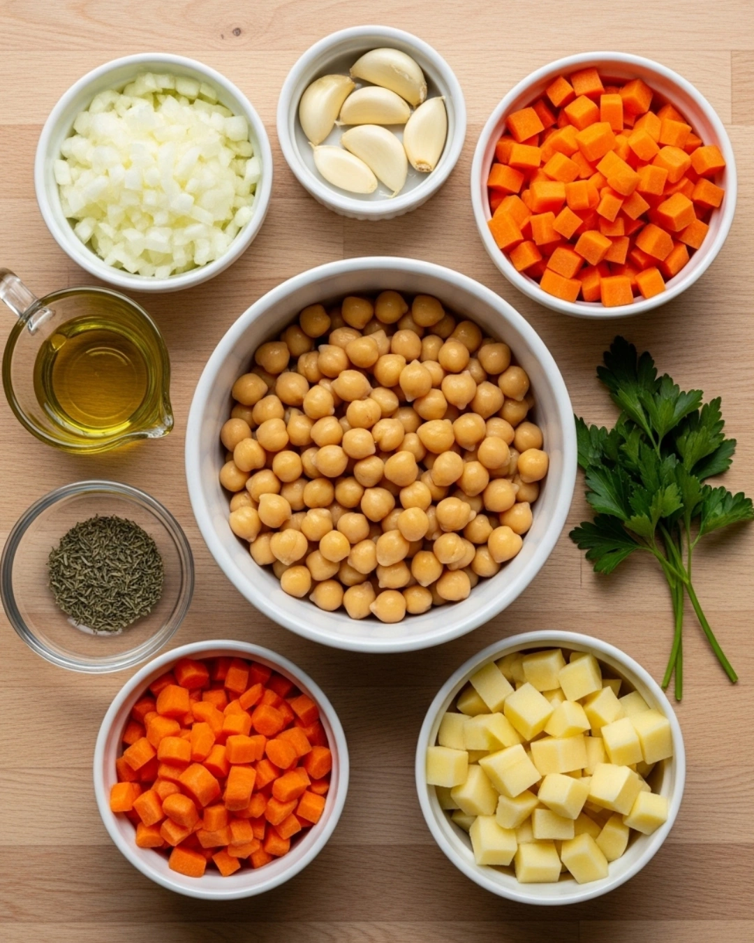Ingredients for Chickpea Veggie Soup laid out on wooden table