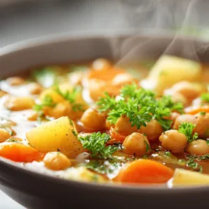 Hearty Chickpea Veggie Soup with carrots and potatoes