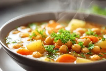 Hearty Chickpea Veggie Soup with carrots and potatoes
