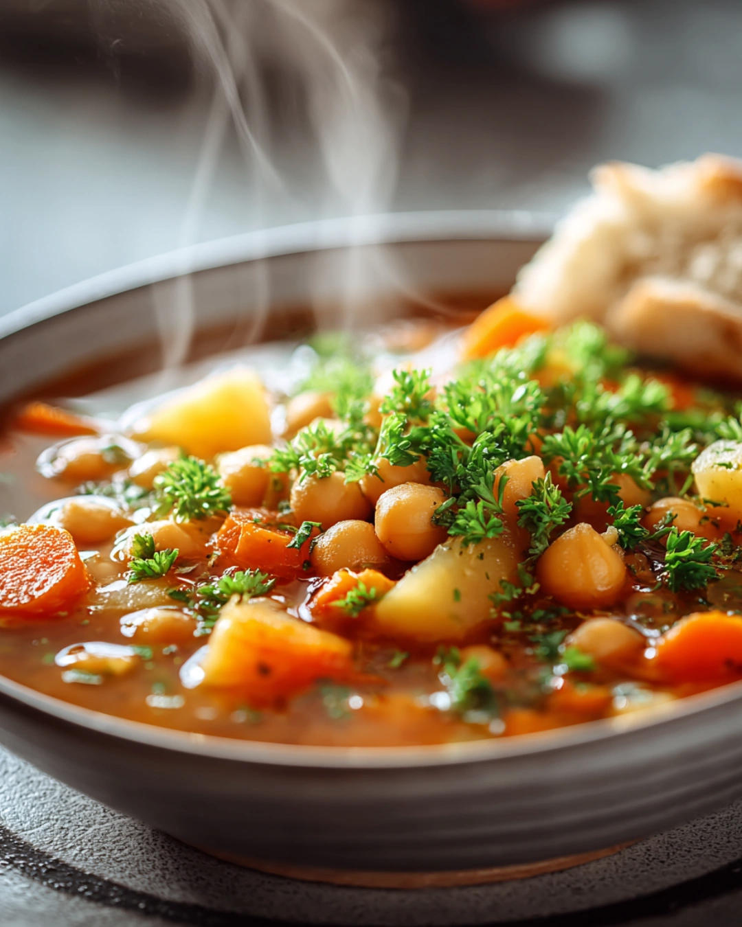 Serving bowl of Chickpea Veggie Soup with crusty bread