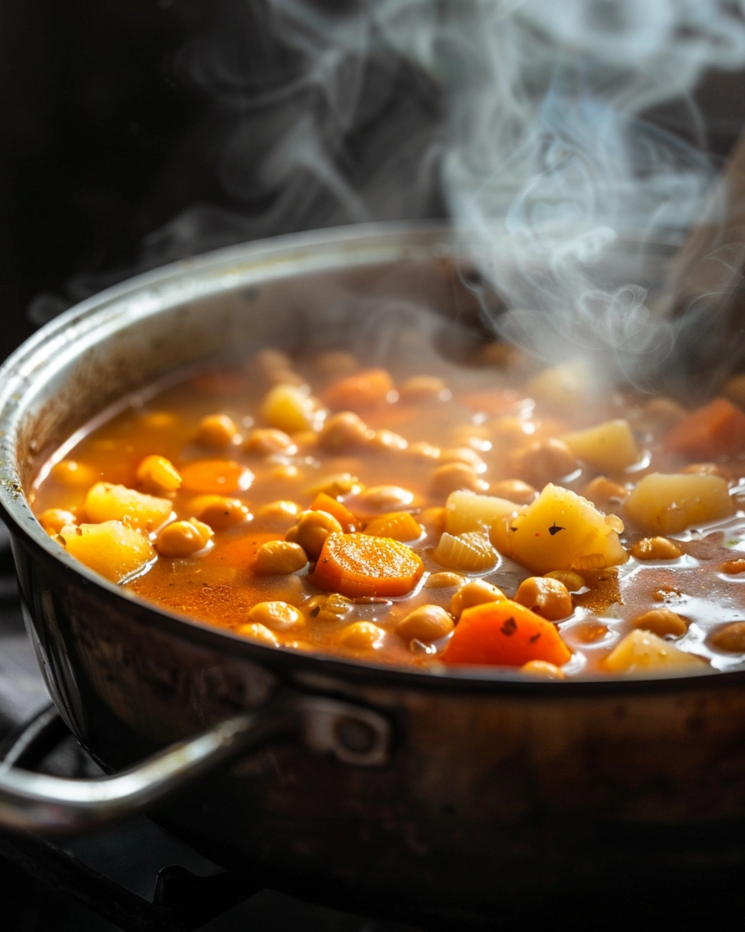 Chickpea Veggie Soup simmering with potatoes and chickpeas