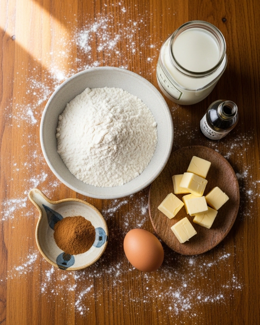 Ingredients for Cinnamon Scones Recipe on wooden table