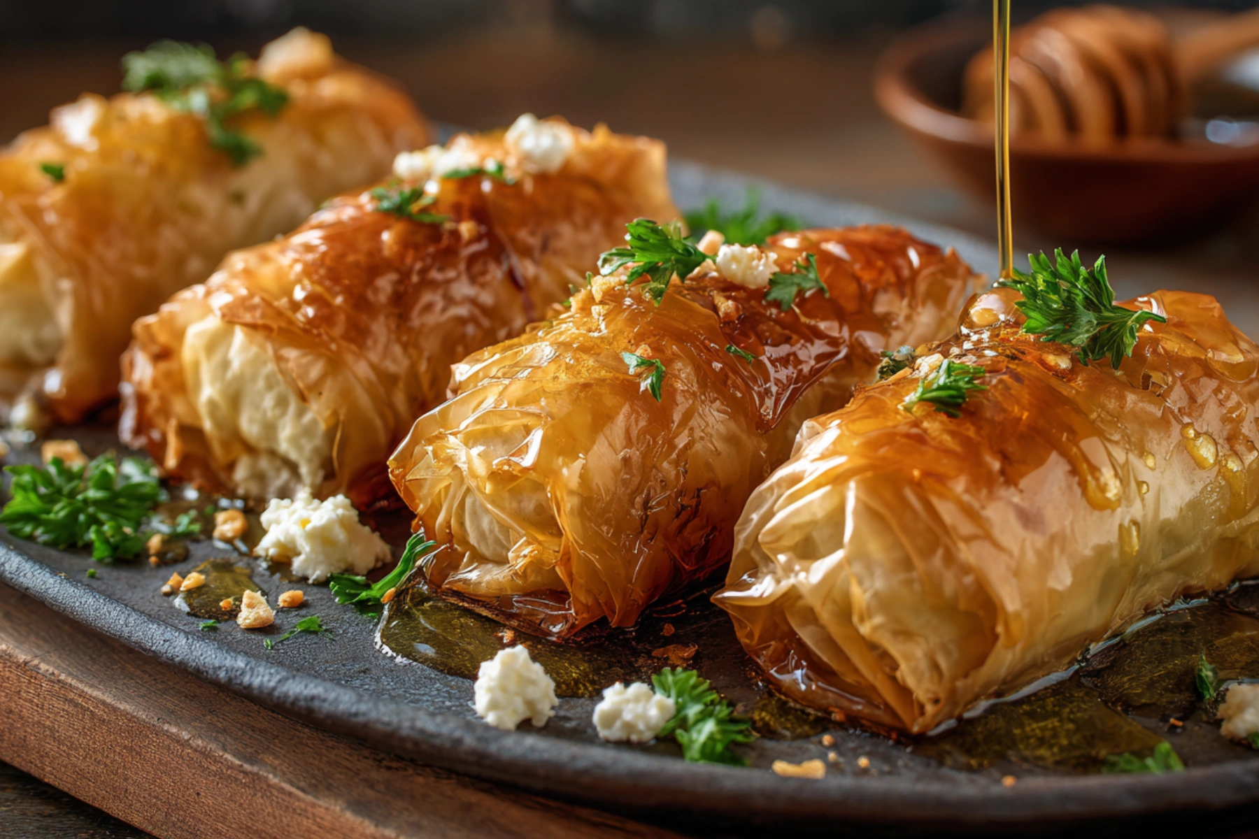 Greek Baked Feta Rolls: 5 Simple Steps for a Powerful Appetizer 2 Greek baked feta rolls with honey and phyllo