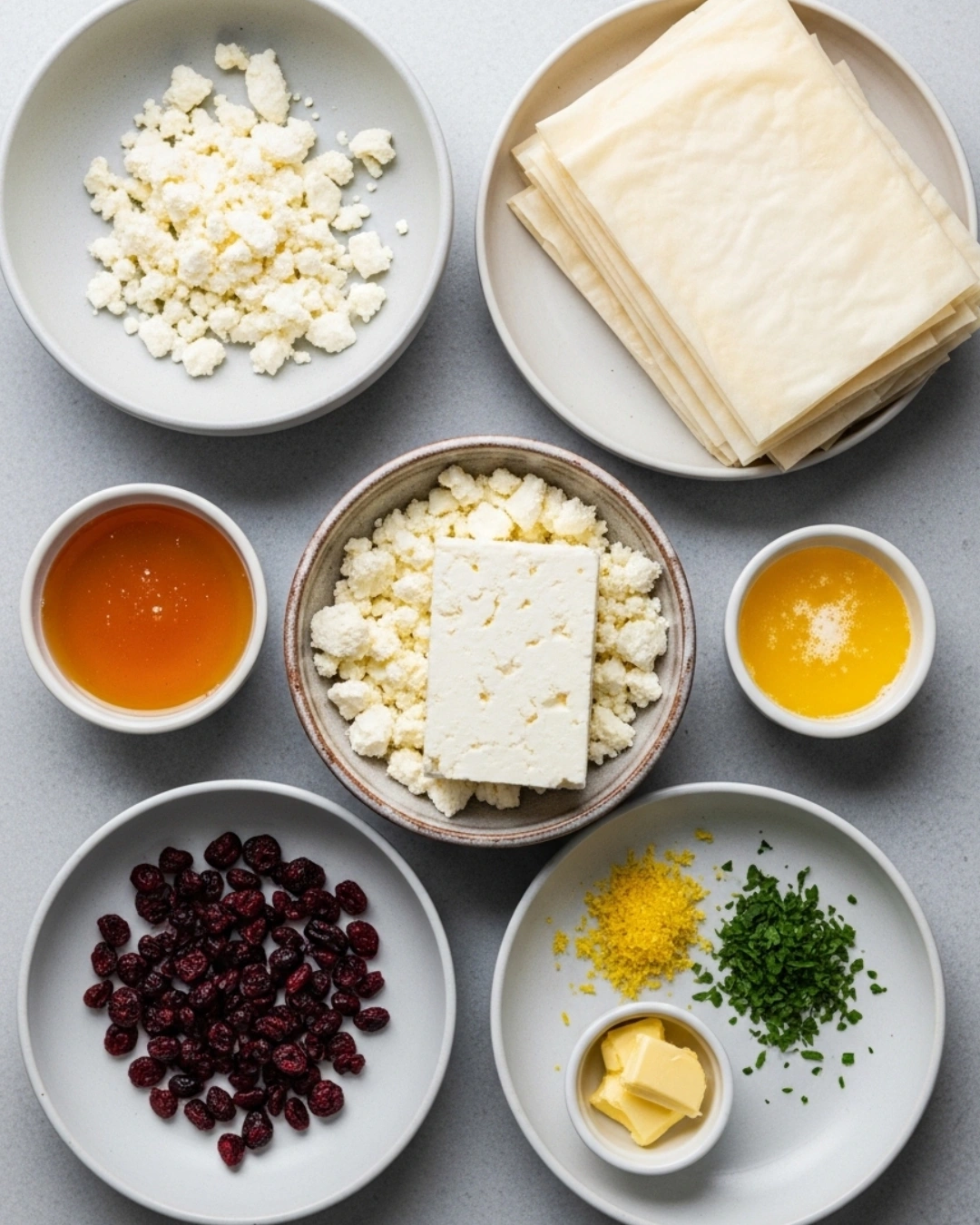 Ingredients for Greek baked feta rolls
