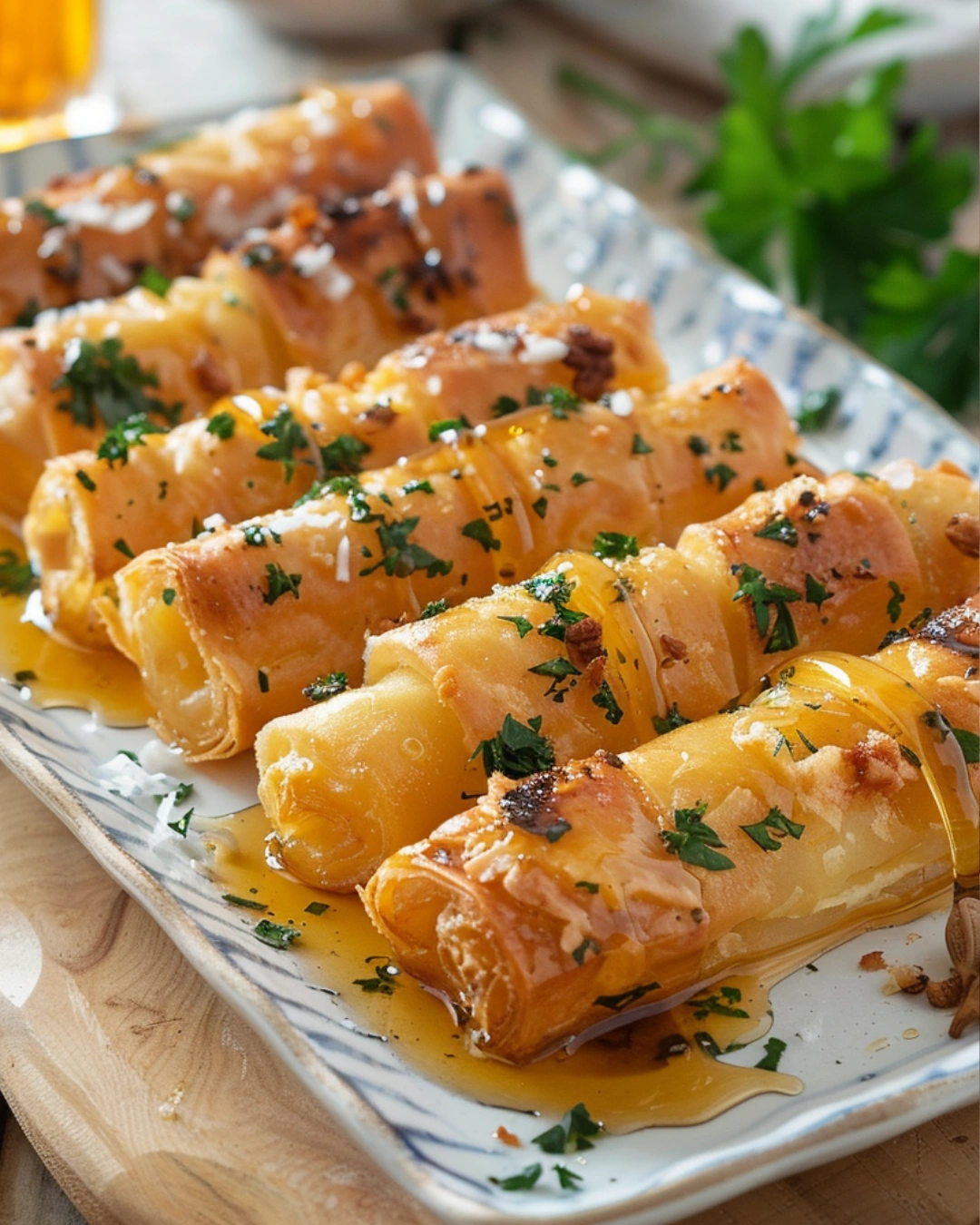 Served Greek baked feta rolls with honey
