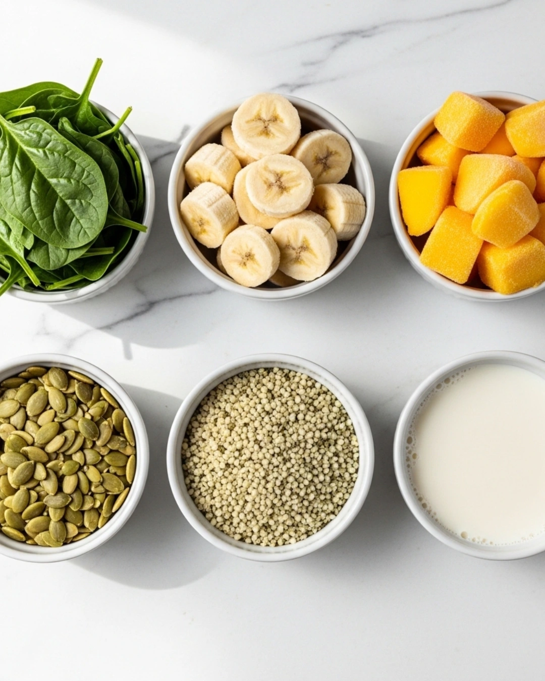 Ingredients for green protein shake with spinach and seeds