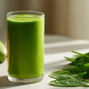 Green protein shake in glass with spinach and mango