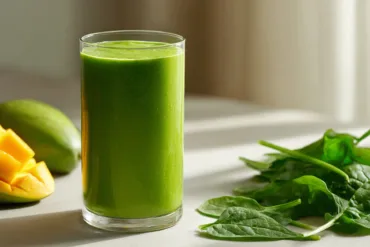 Green protein shake in glass with spinach and mango