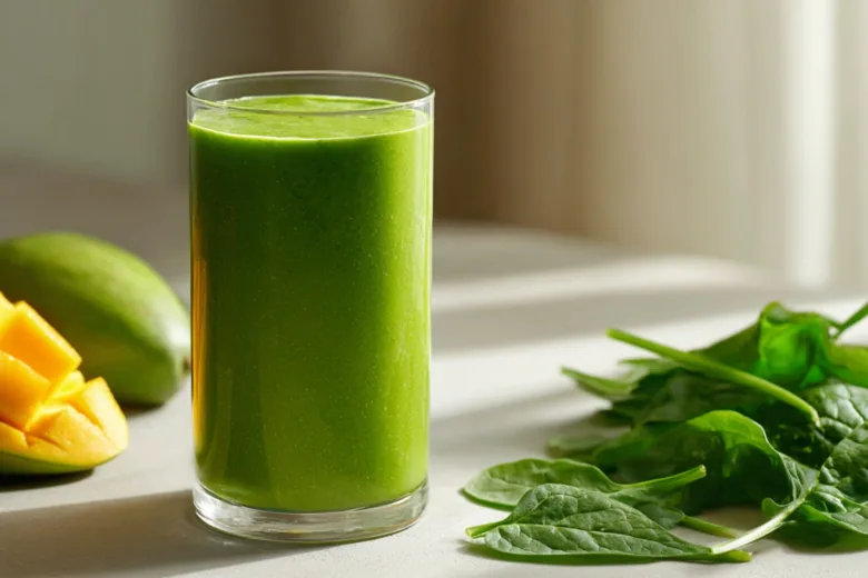 Green protein shake in glass with spinach and mango