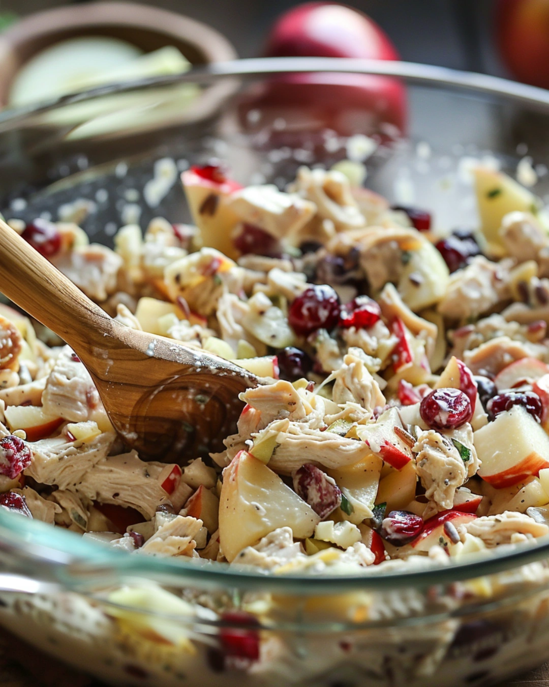 Mixing Apple Cranberry Chicken Salad in bowl