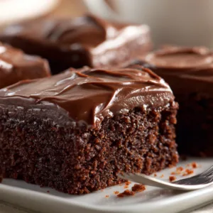 Moist Chocolate Sheet Cake squares on white plate
