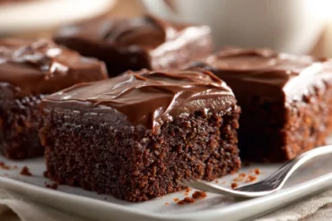 Moist Chocolate Sheet Cake squares on white plate