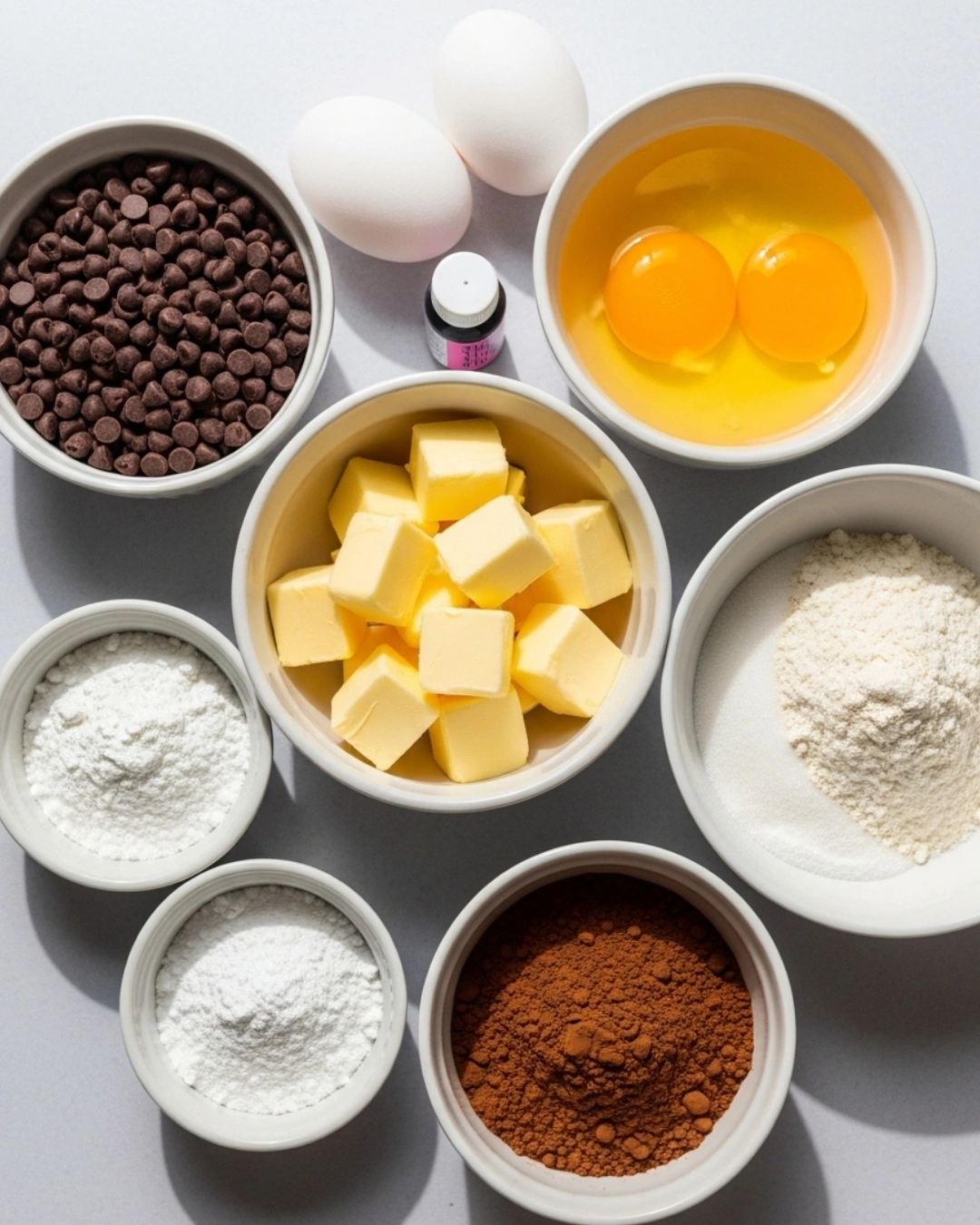 Ingredients for pink chocolate chip cookie dough brownie bites