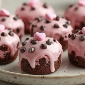 Pink chocolate chip cookie dough brownie bites with glaze