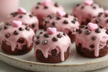 Pink chocolate chip cookie dough brownie bites with glaze