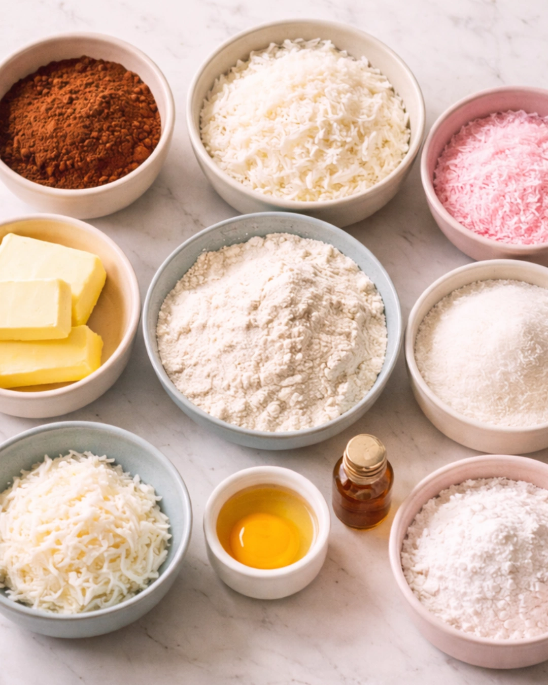 ingredients for pink coconut snowball cake bars