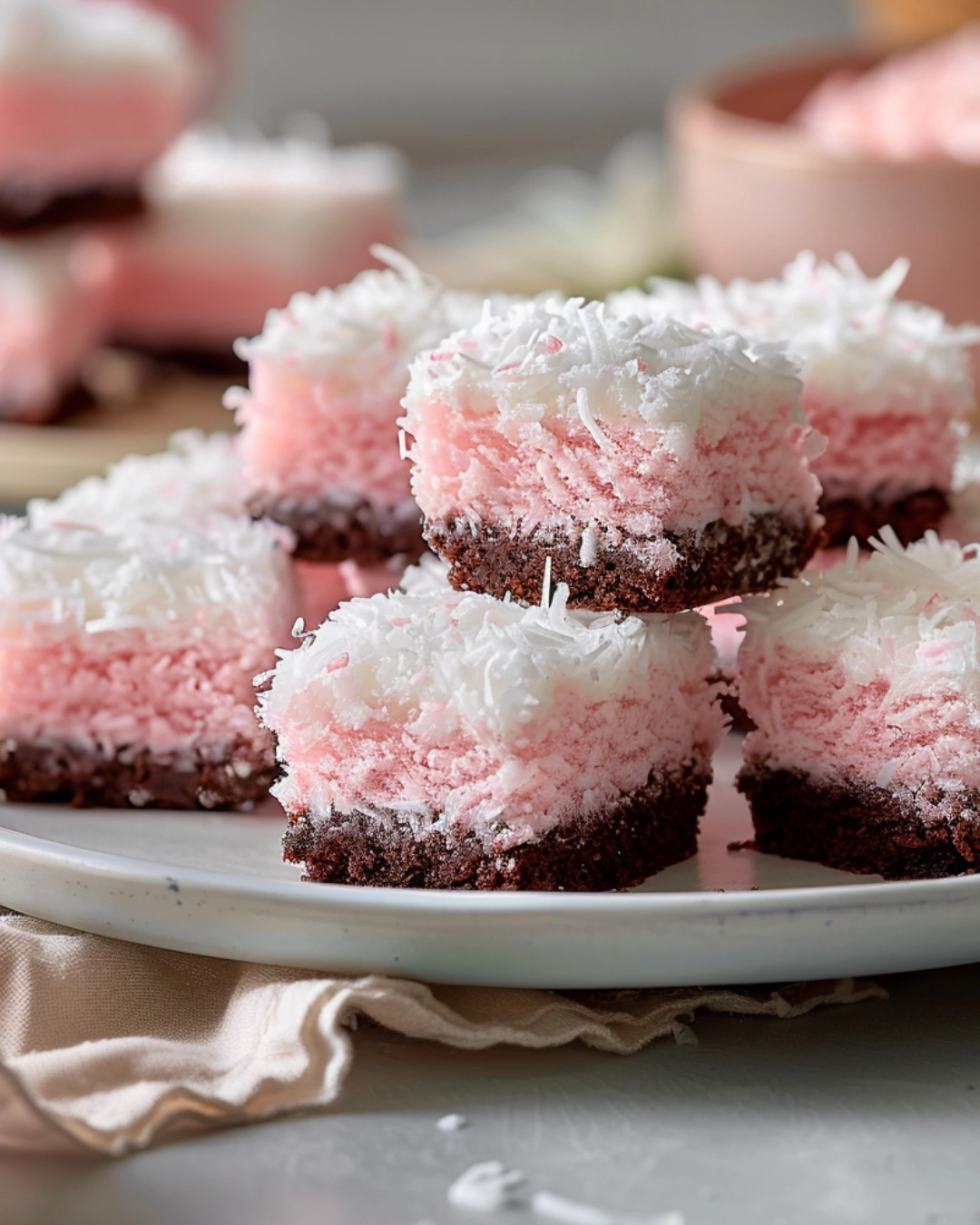 served pink coconut snowball cake bars