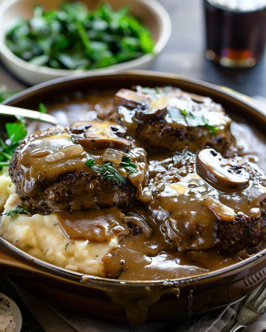 Salisbury steak with mushroom gravy served