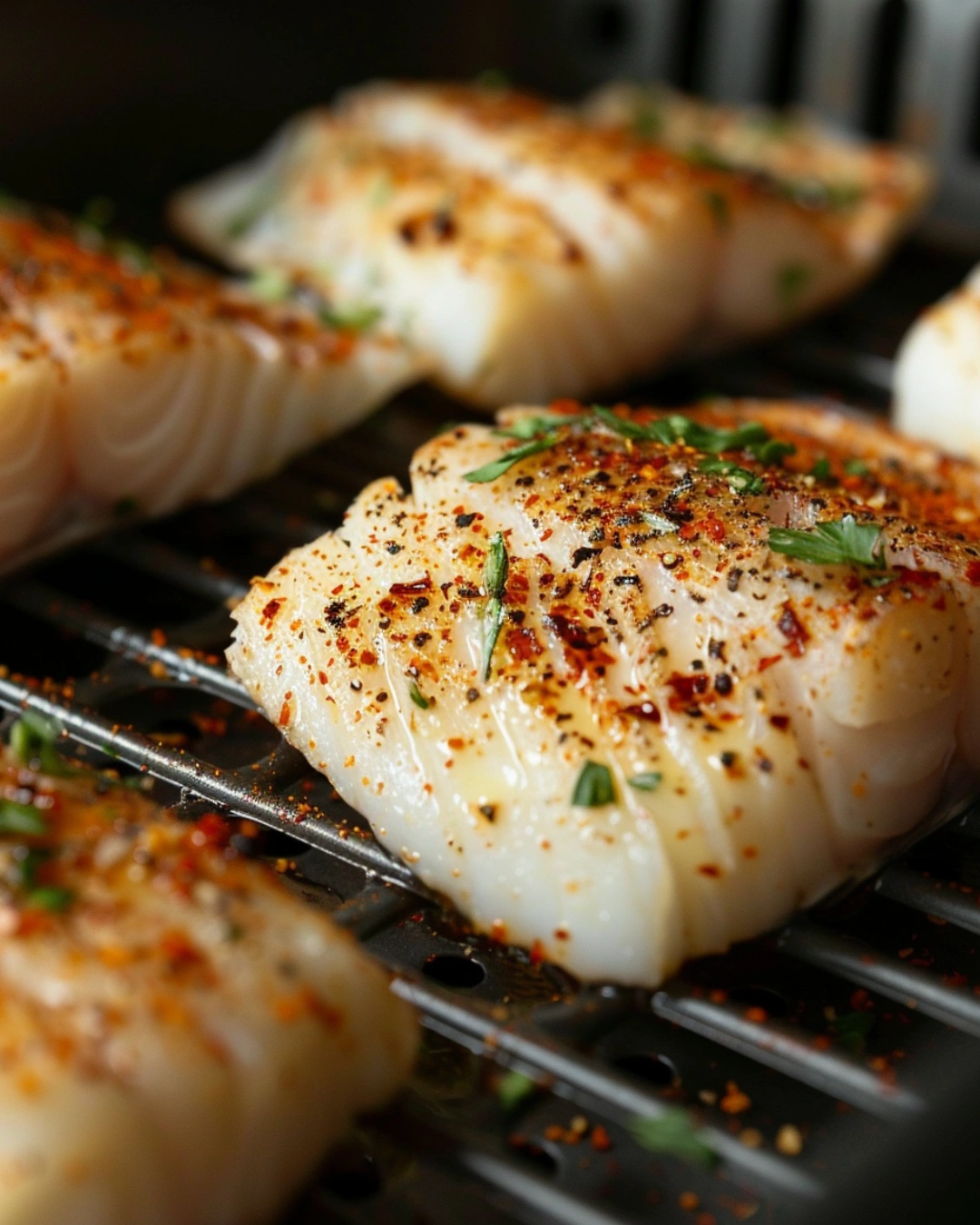 Seasoned air fryer fish fillets in basket