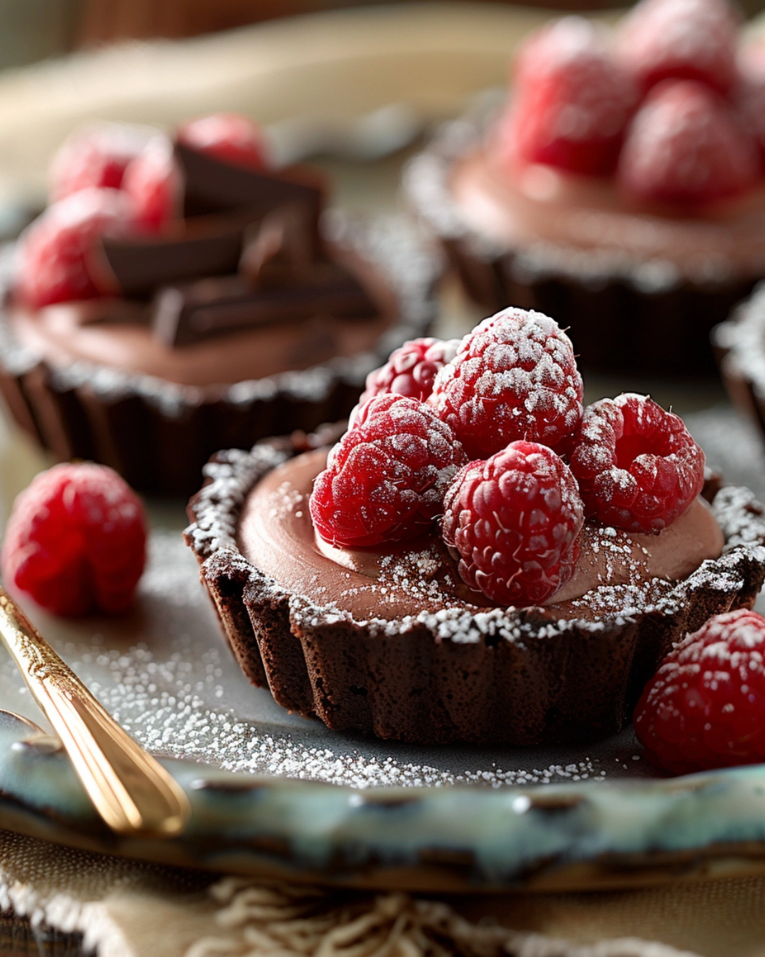 Served Marry Me No Bake Raspberry Chocolate Mousse Cups with raspberry garnish