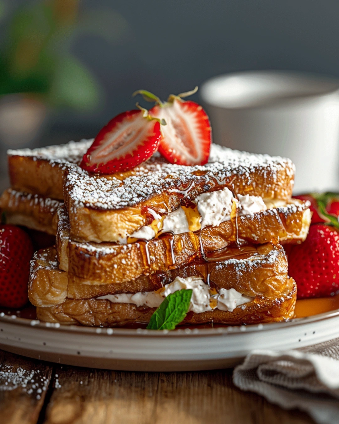 Served Strawberry Cream Cheese French Toast with maple syrup and fresh berries