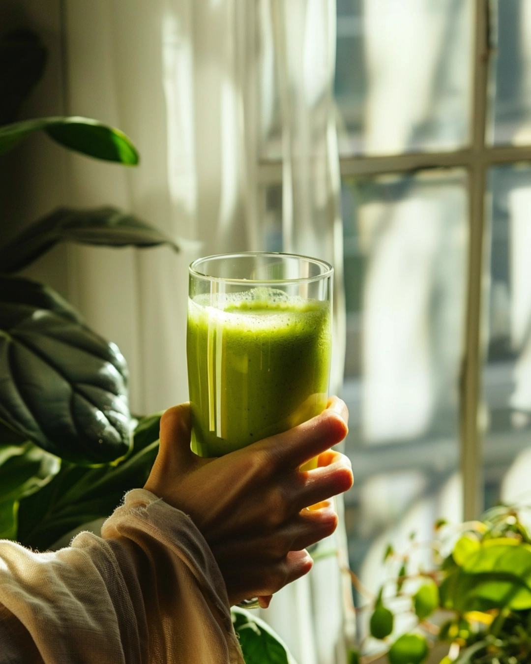 Serving green protein shake in glass