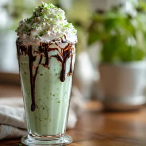 Shamrock Shake recipe topped with whipped cream and green sprinkles