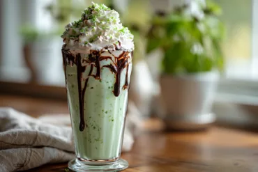 Shamrock Shake recipe topped with whipped cream and green sprinkles