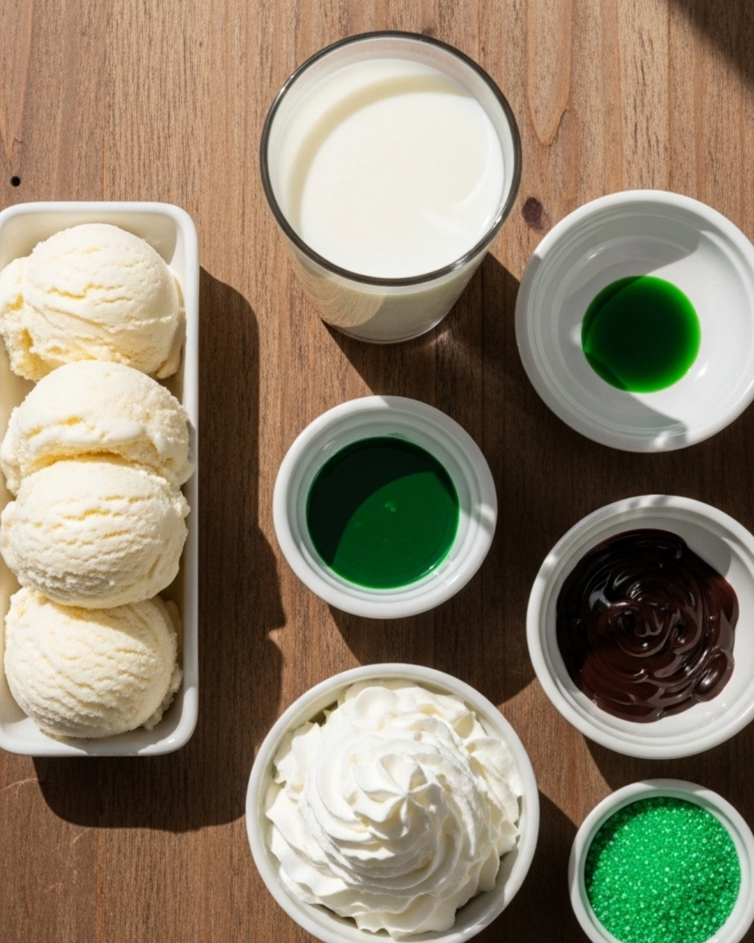 Ingredients for Shamrock Shake recipe including vanilla ice cream and mint extract