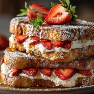 Strawberry Cream Cheese French Toast stacked with fresh strawberries and powdered sugar