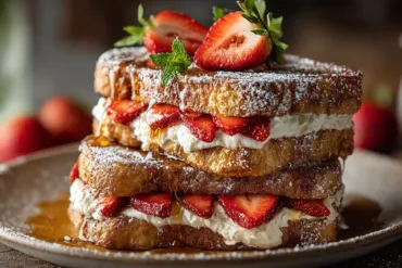 Strawberry Cream Cheese French Toast stacked with fresh strawberries and powdered sugar
